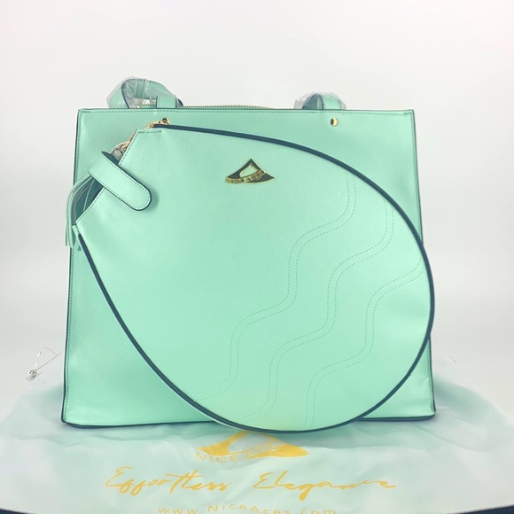 NiceAces Tennis Tote NWT 2 rackets mint green safiano pattern - Picture 2 of 7